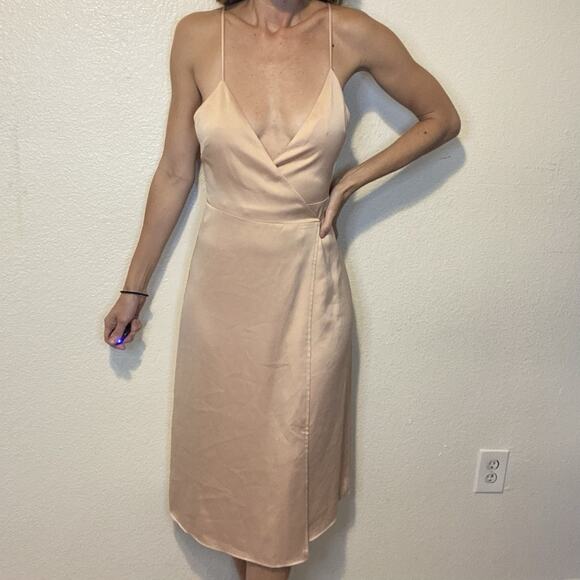 L’Academie Revolve The Wrap Satin Midi Slip Dress In Sand Size XS - Picture 4 of 11